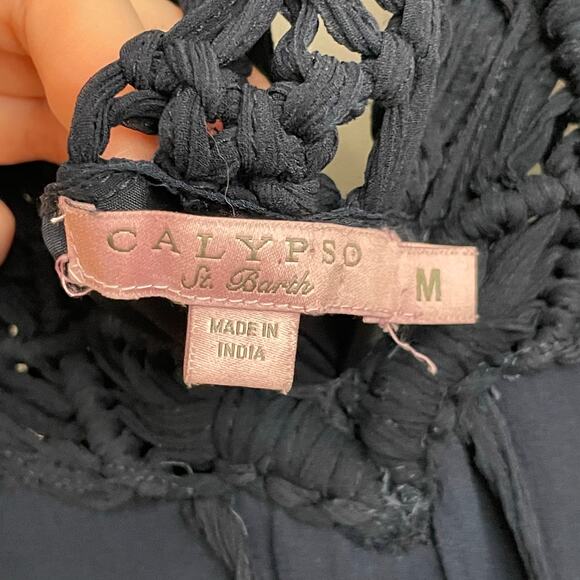 Calypso St. Barth M summer maxi dress navy blue lace rope fringe lined silk - Picture 4 of 7